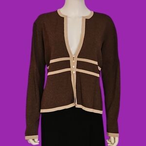 DRESSBARN Brown Collarless Preppy Varsity Long Sleeve Cardigan